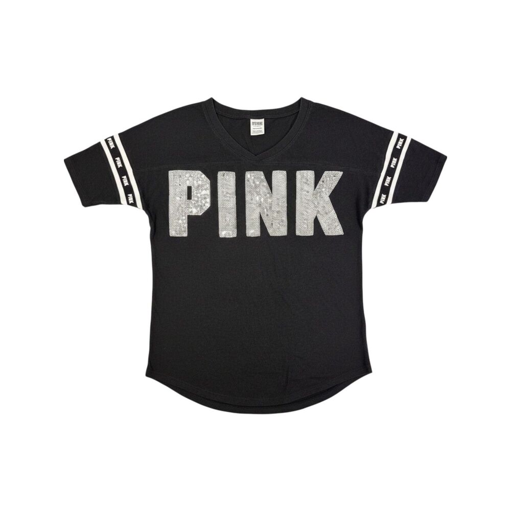 VS Pink Y2K Womens XS-M (Pit 20") Sporty Tee Black Sequins Logo‎ Sleeve Stripes